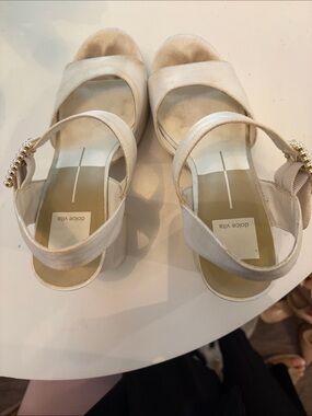 Dolce Vita Cream Block Heel Sandals with Beaded Ankle Strap